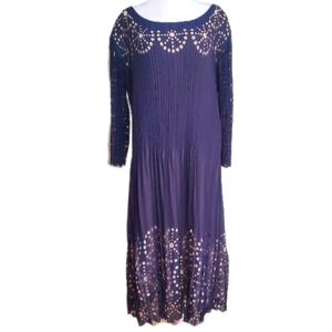 Elizeh navy blue fan pleated long sleeve laser cut sheer overlay midi dress. 12